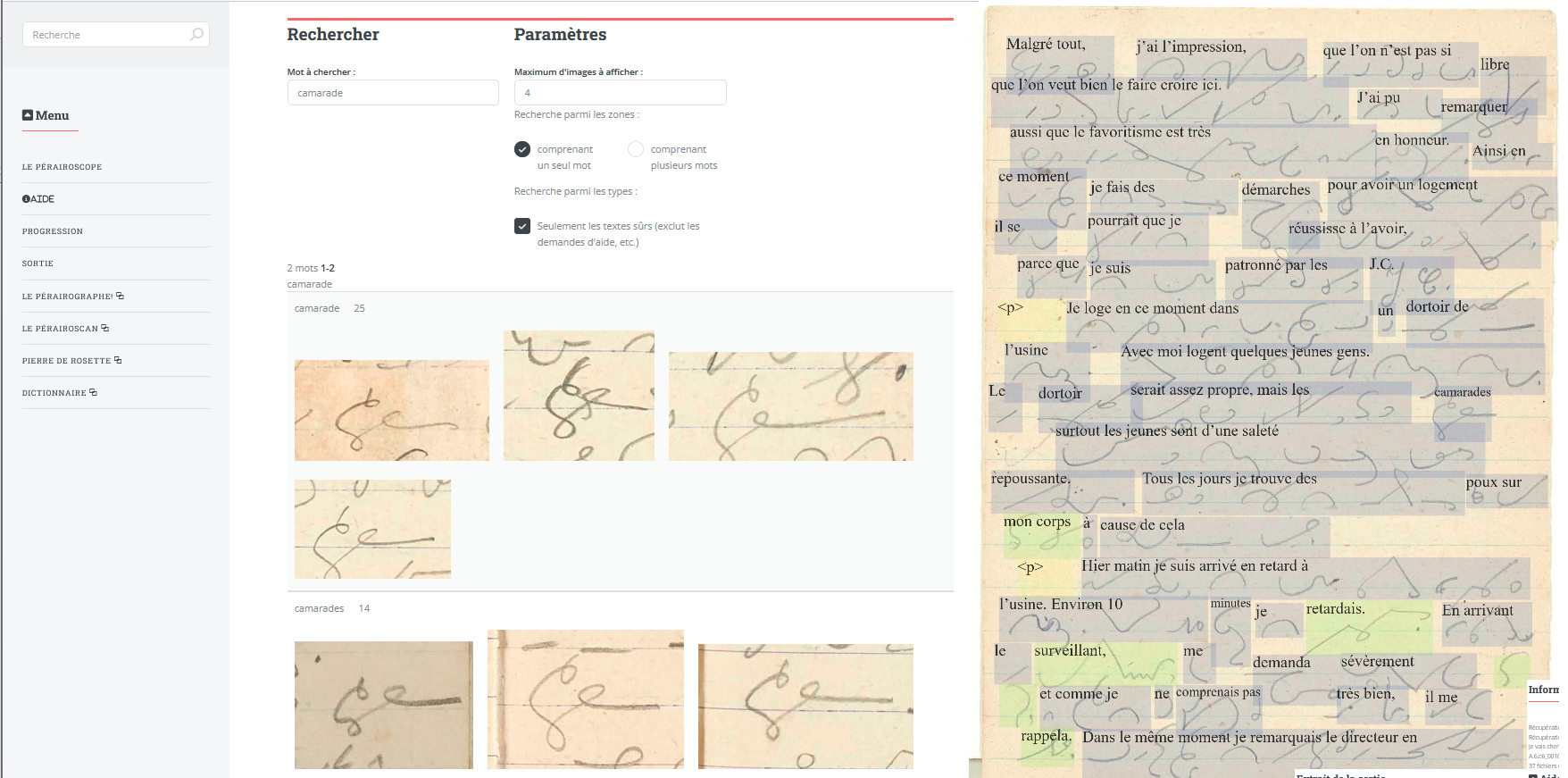 Capture d'écran du site d'annotation sténographique